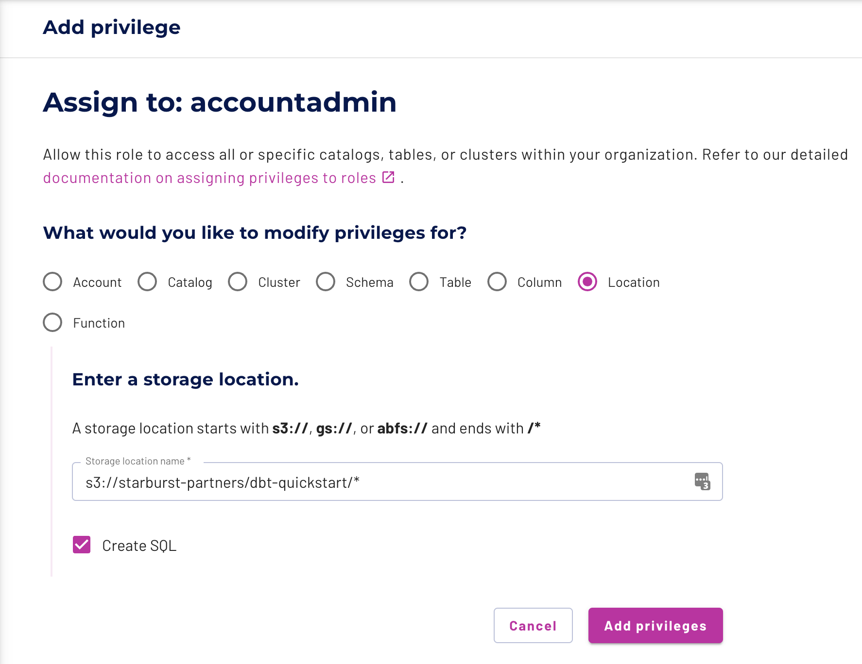 Add privilege to accountadmin role Add privilege to accountadmin role